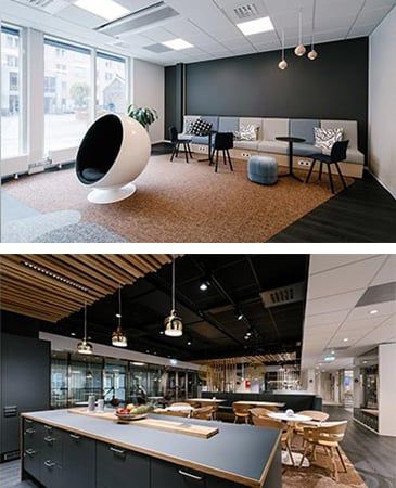 Två bilder på moderna coworking-ytor i Stockholm, med lounge och kök/matsal.